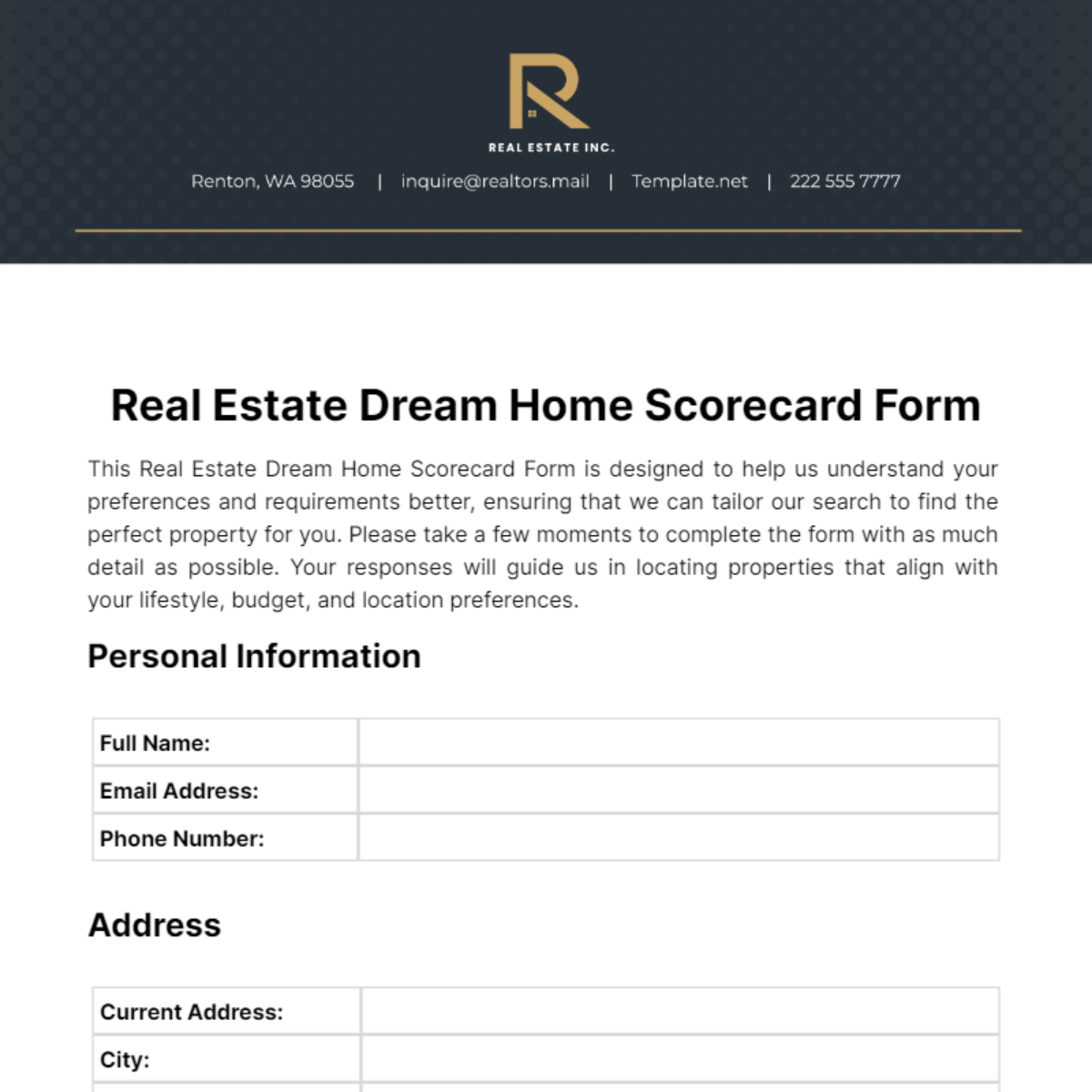 Real Estate Dream Home Scorecard Form Template