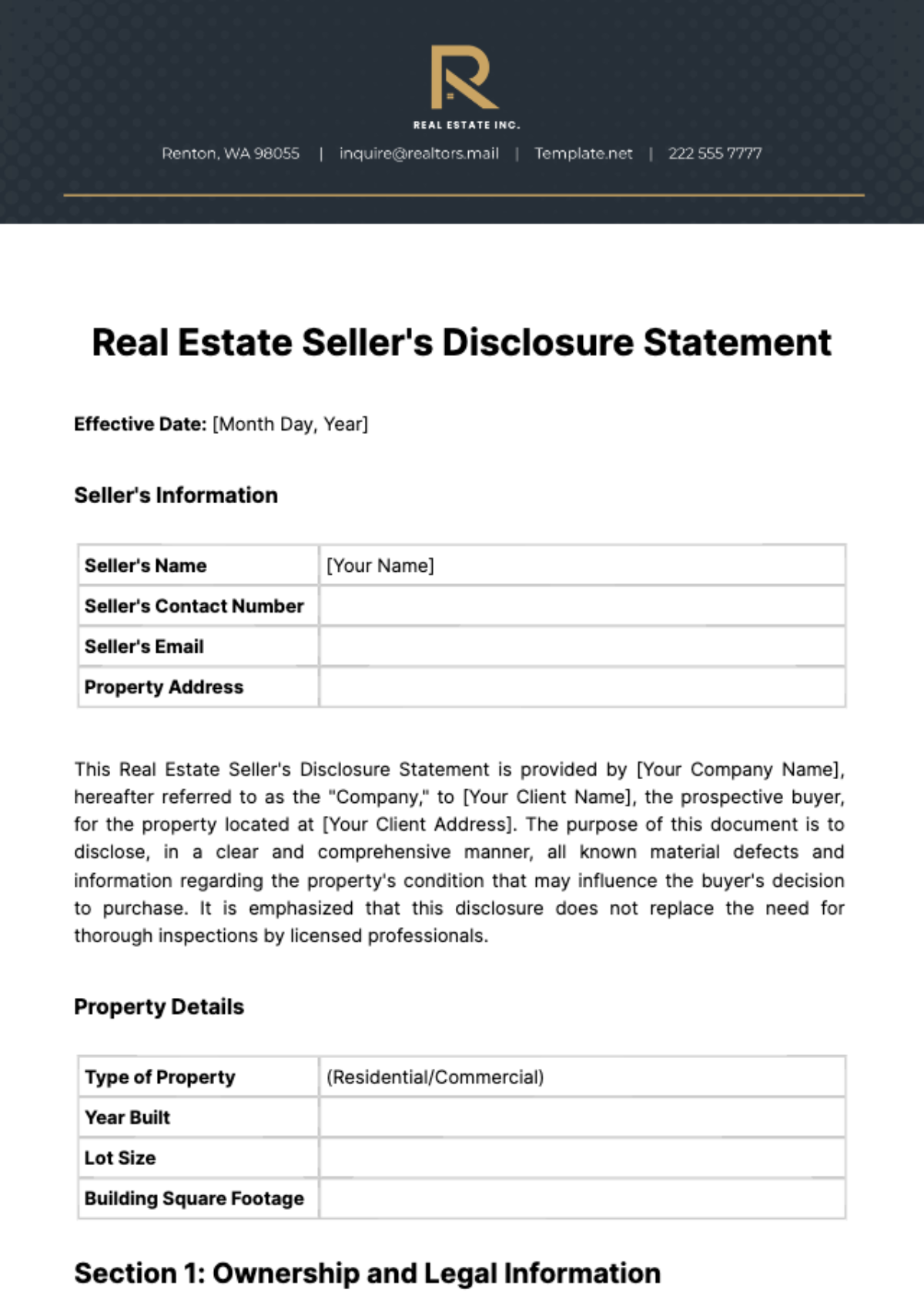 Free Real Estate Seller's Disclosure Statement Template