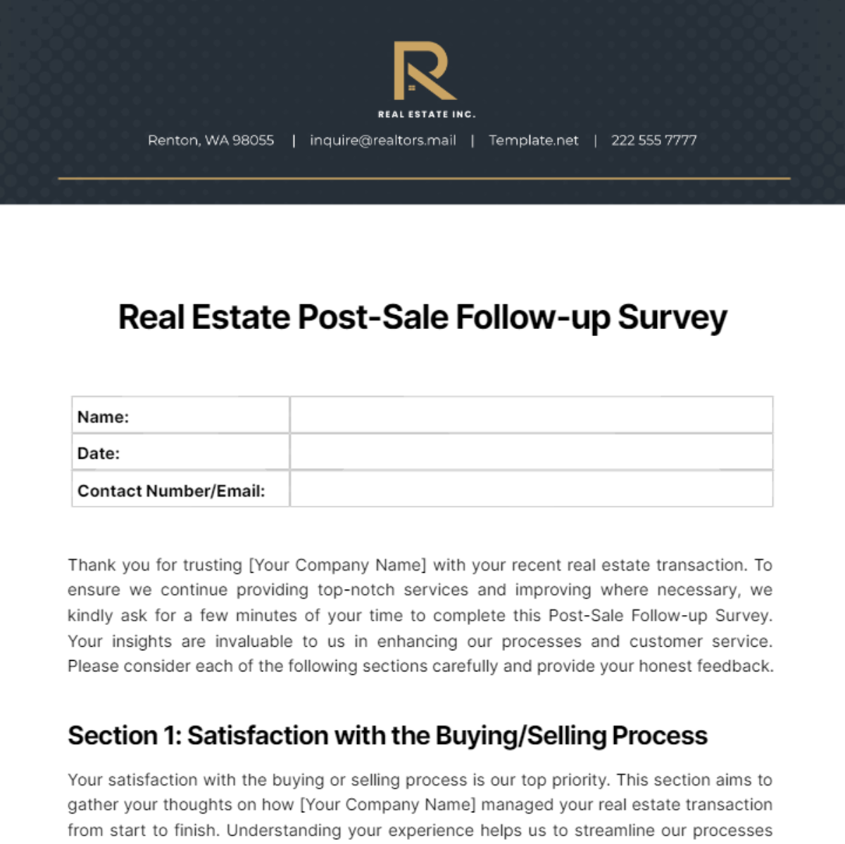 Real Estate Post-Sale Follow-up Survey Template