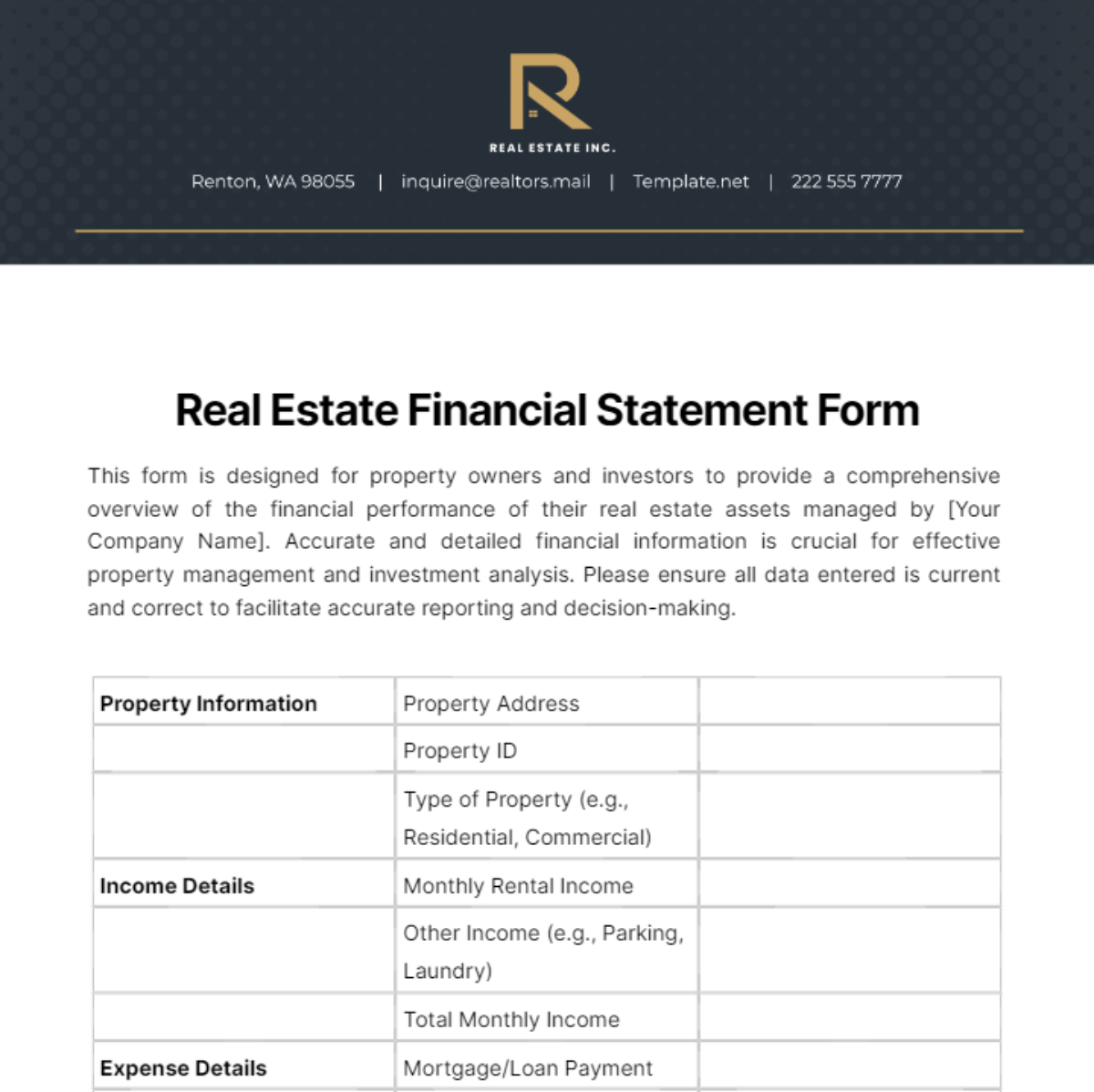 Real Estate Financial Statement Form Template