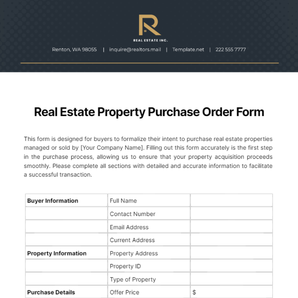 Real Estate Property Purchase Order Form Template