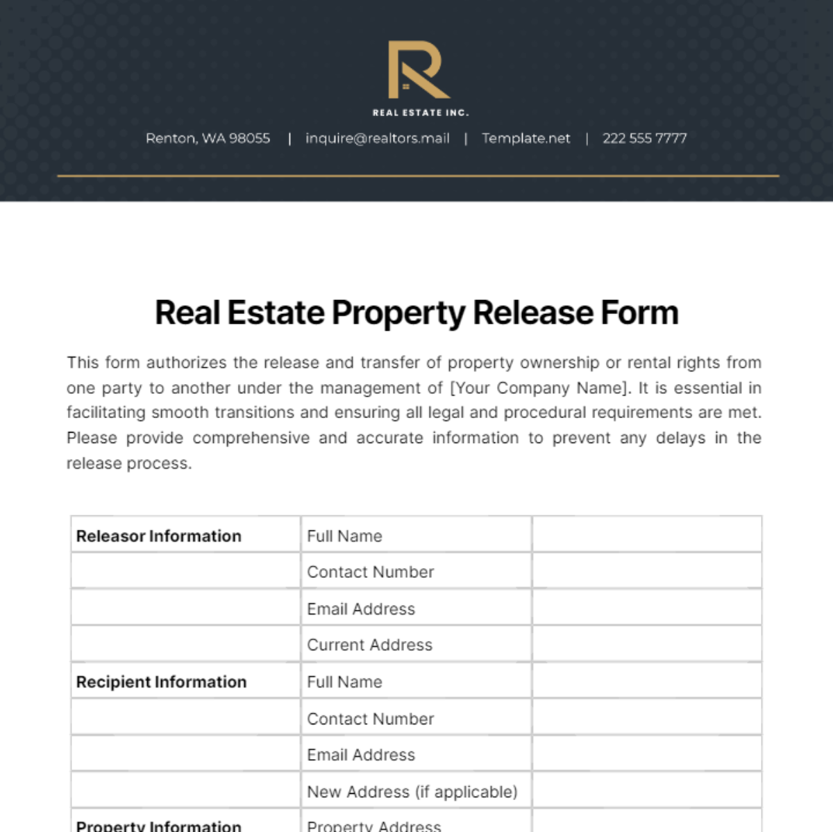 Real Estate Property Release Form Template