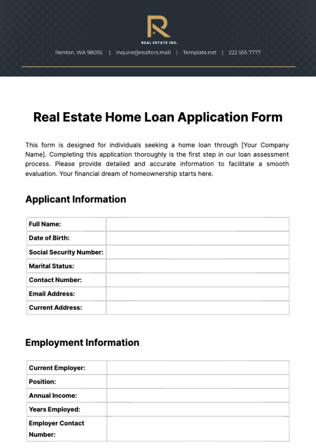 Free Real Estate Home Loan Application Form Template