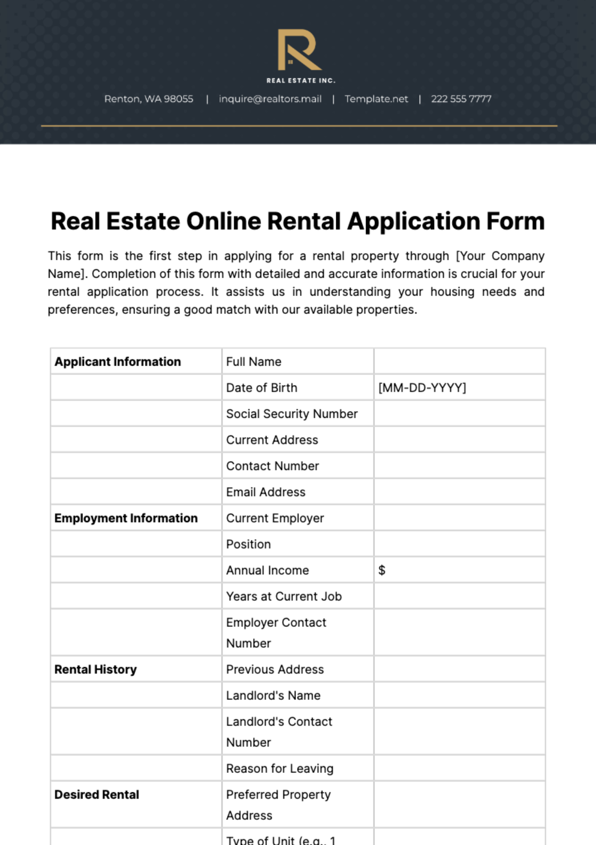 Free Real Estate Online Rental Application Form Template