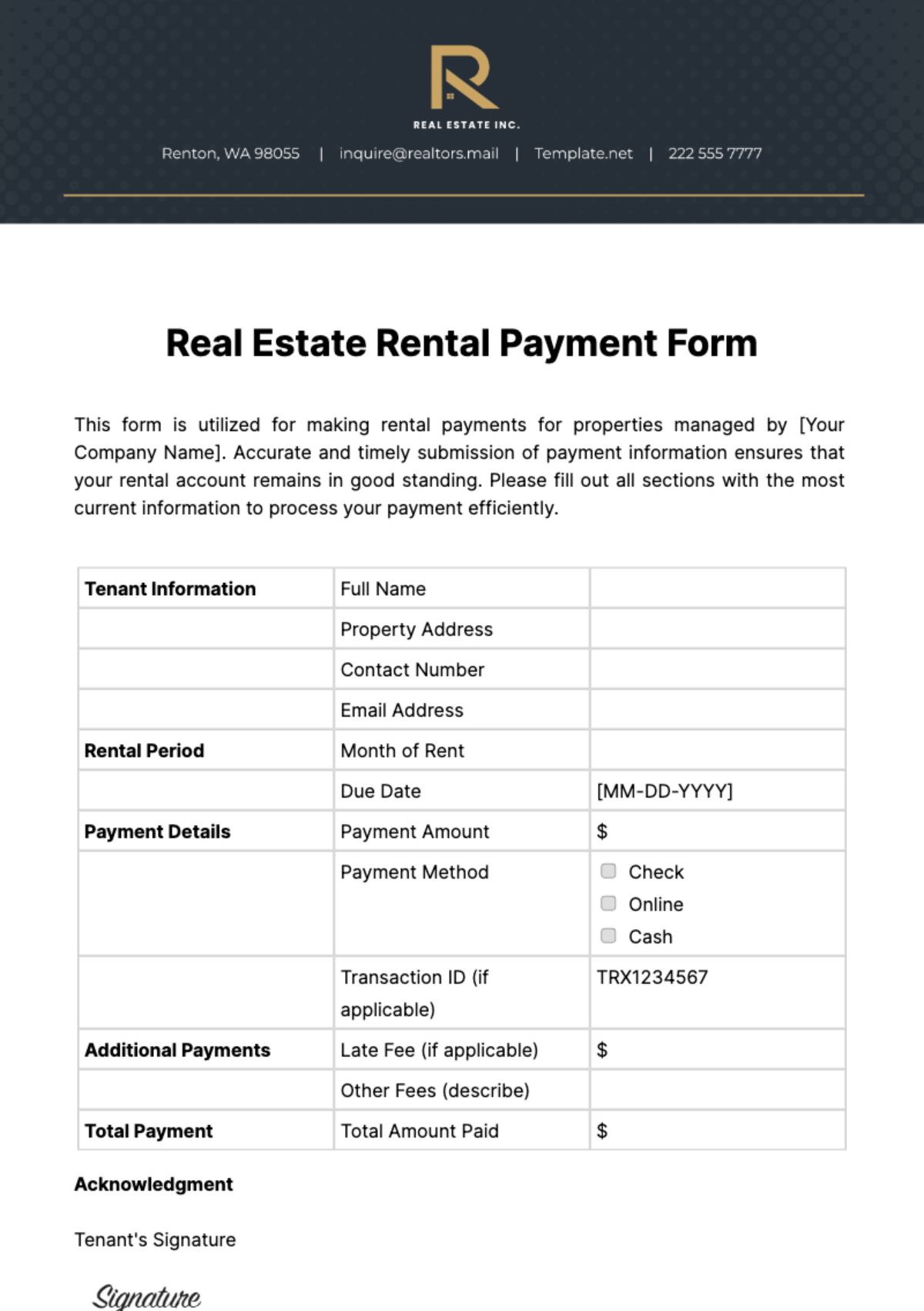 Free Real Estate Rental Payment Form Template