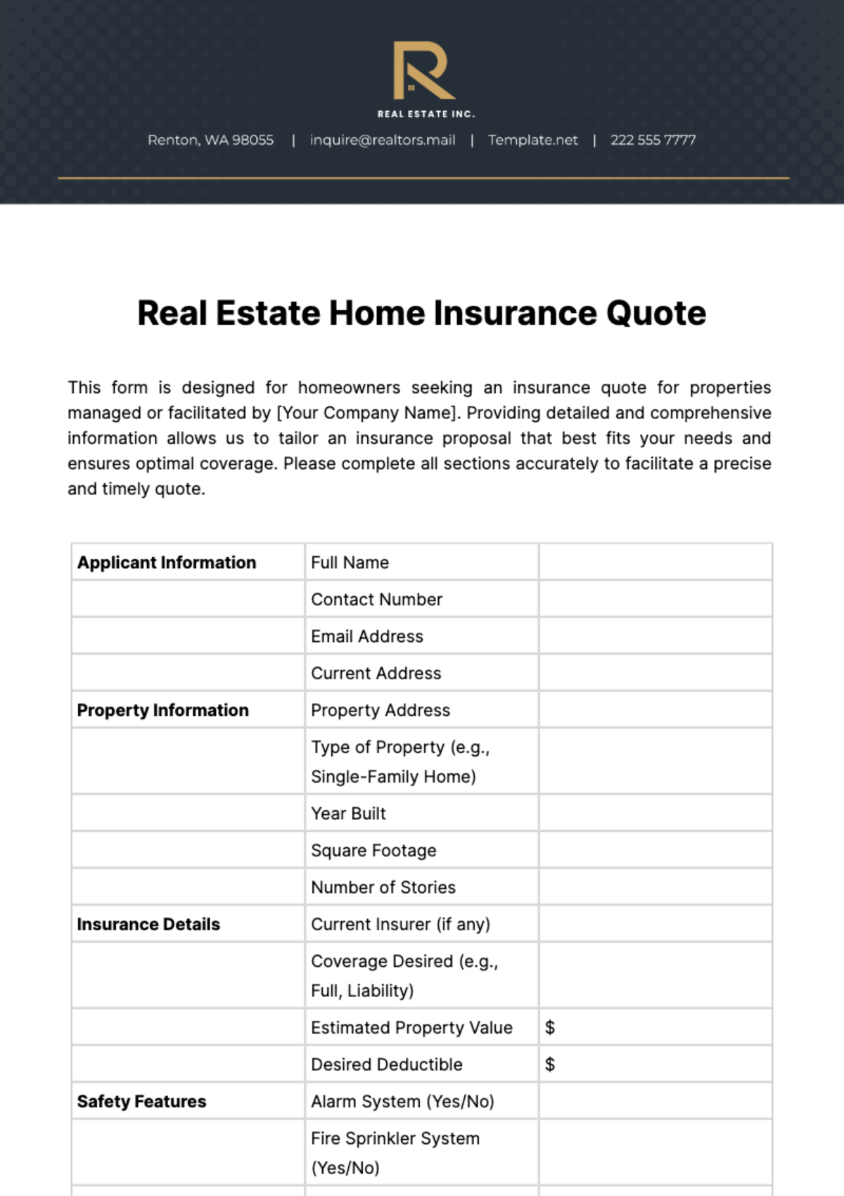 Free Real Estate Home Insurance Quote Template