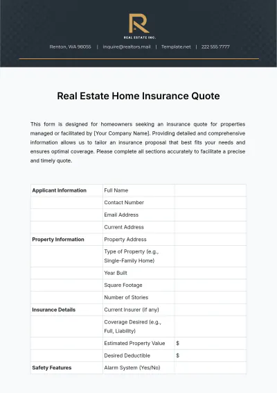Free Real Estate Home Insurance Quote Template to Edit Online
