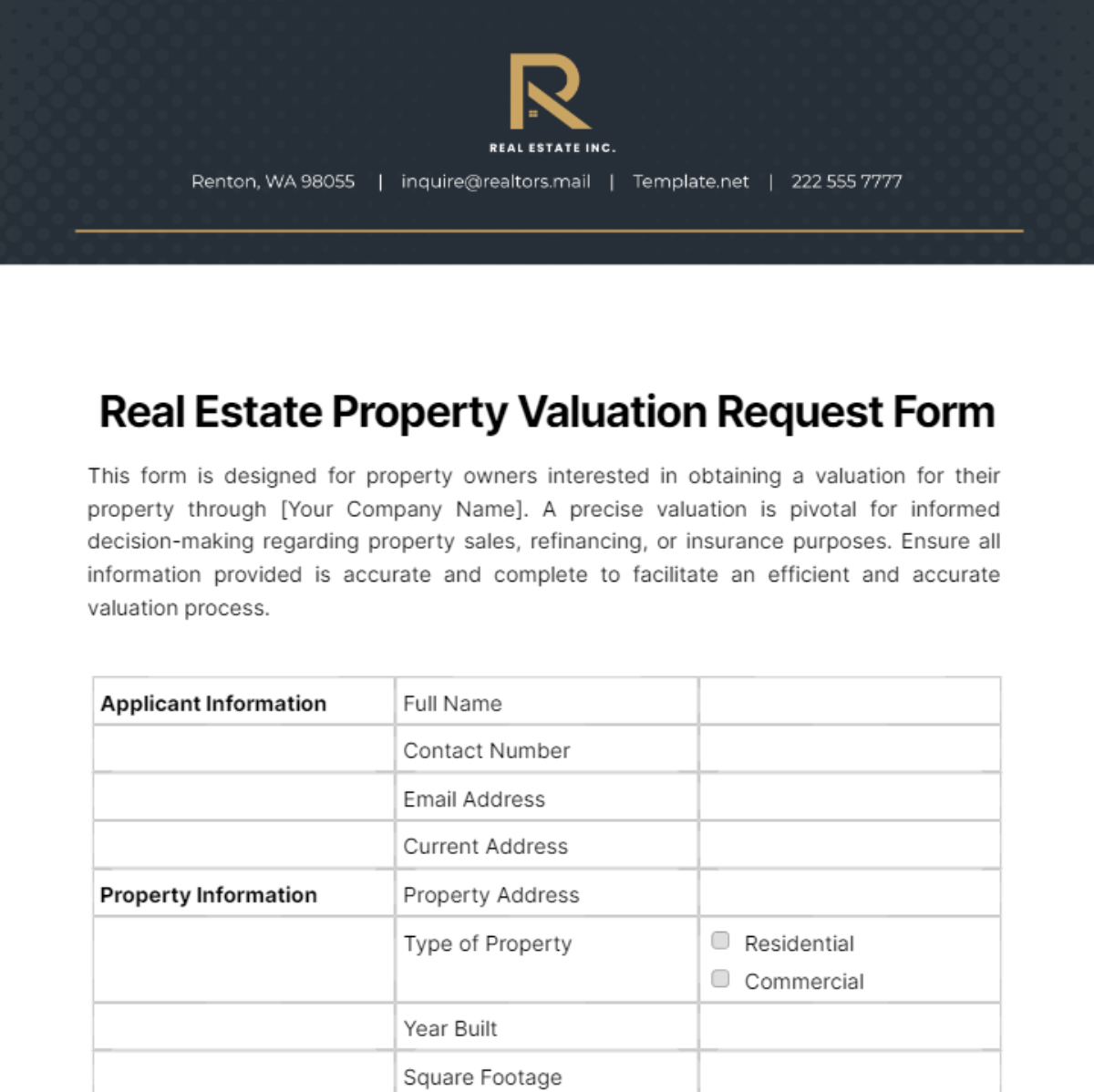 Free Real Estate Property Valuation Request Form Template