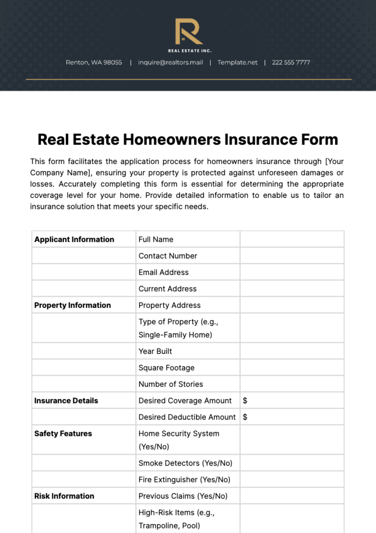 Real Estate Homeowners Insurance Form Template