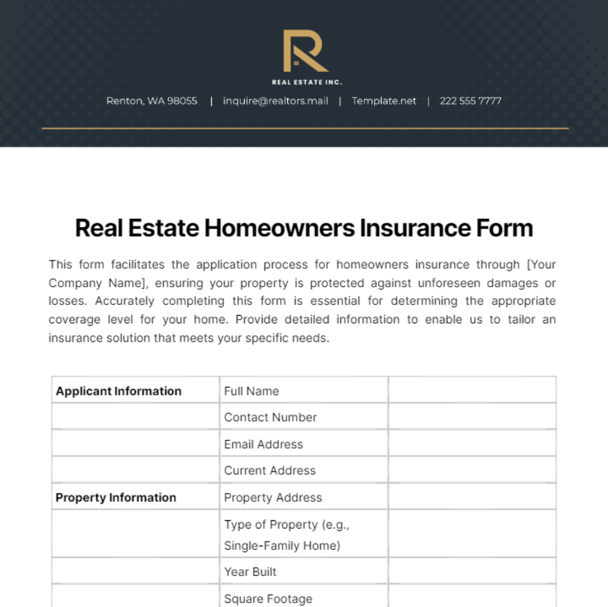 Real Estate Homeowners Insurance Form Template - Edit Online & Download ...