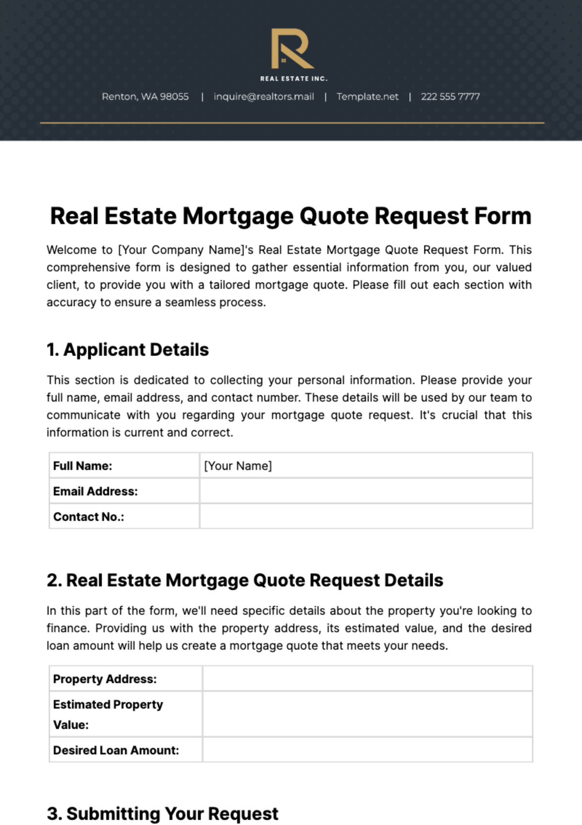 Free Real Estate Mortgage Quote Request Template