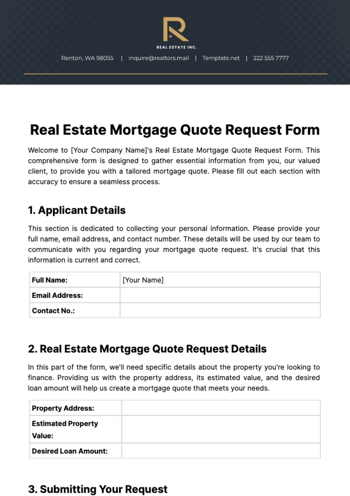 Real Estate Mortgage Quote Request Template - Edit Online & Download