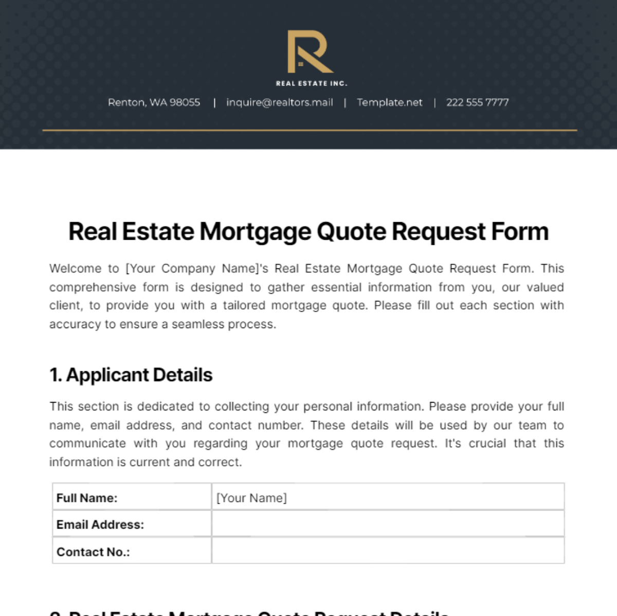 Real Estate Mortgage Quote Request Template
