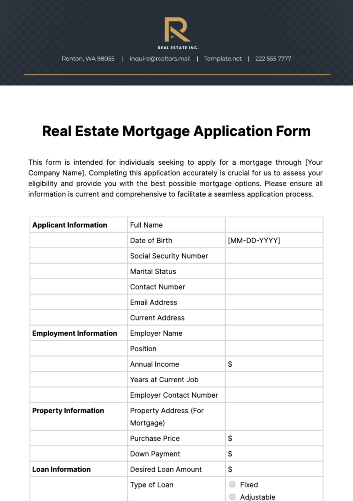 Real Estate Mortgage Application Form Template