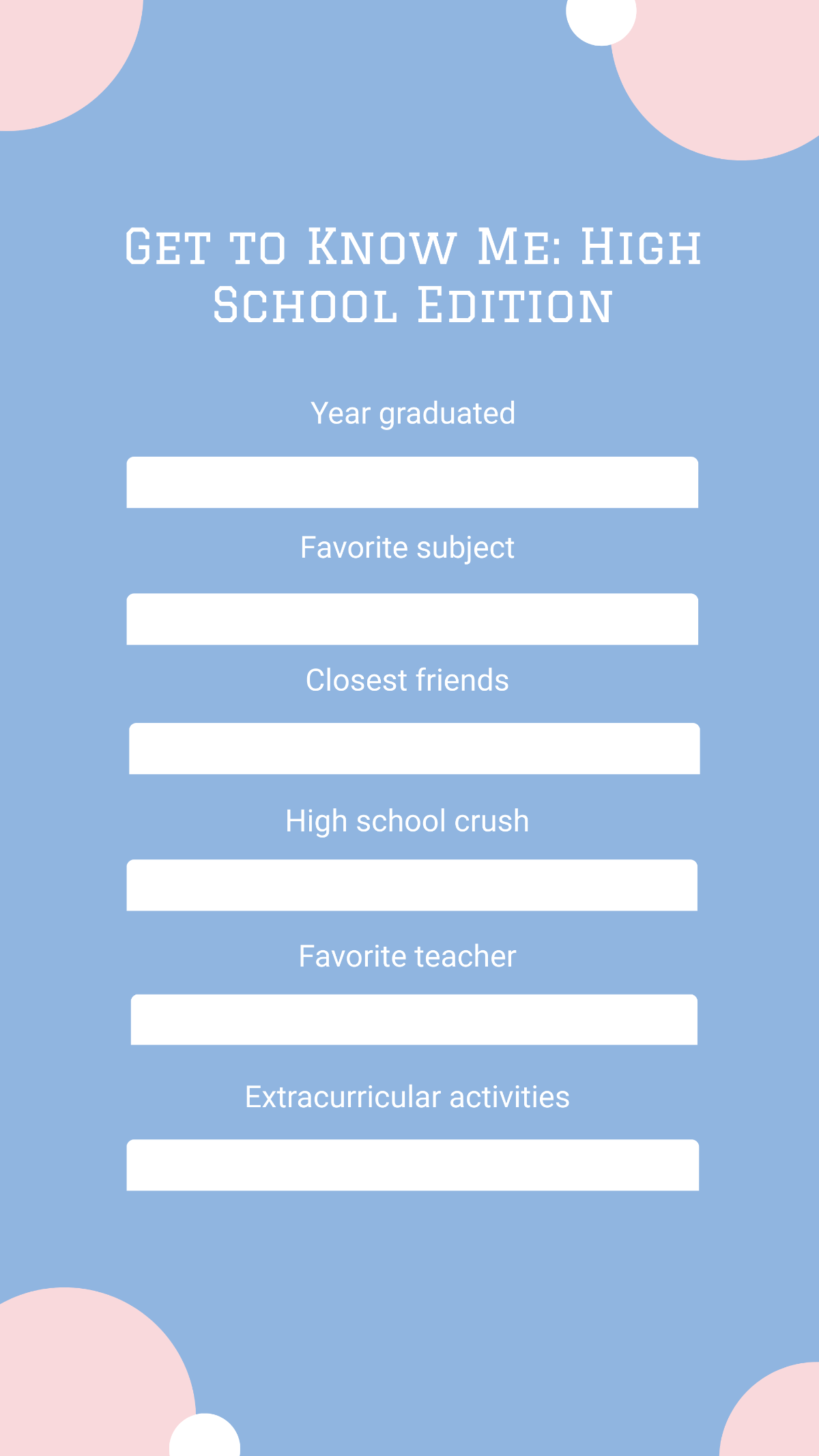 Get to Know Me High School Edition Story Template