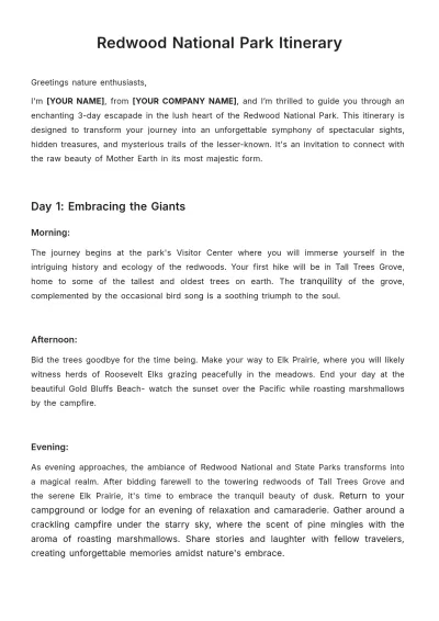 Free Redwood National Park Itinerary Template to Edit Online