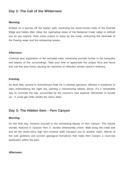 Free Redwood National Park Itinerary Template to Edit Online
