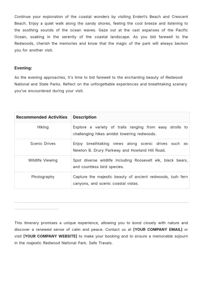 Free Redwood National Park Itinerary Template to Edit Online