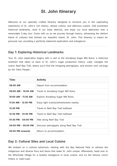 Free St John Itinerary Template to Edit Online