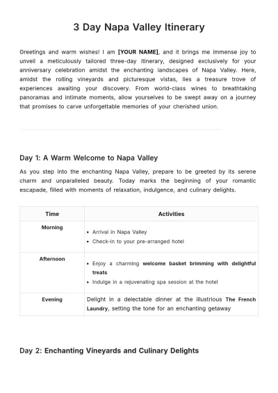 Free 3 Day Napa Valley Itinerary Template to Edit Online