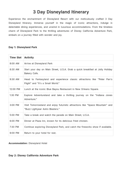 Free 3 Day Disneyland Itinerary Template to Edit Online
