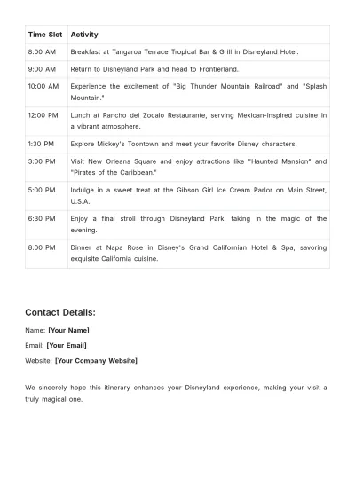 Free 3 Day Disneyland Itinerary Template to Edit Online