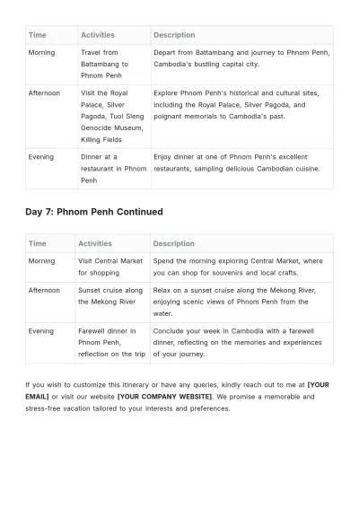 Free 1 Week Cambodia Itinerary Template to Edit Online