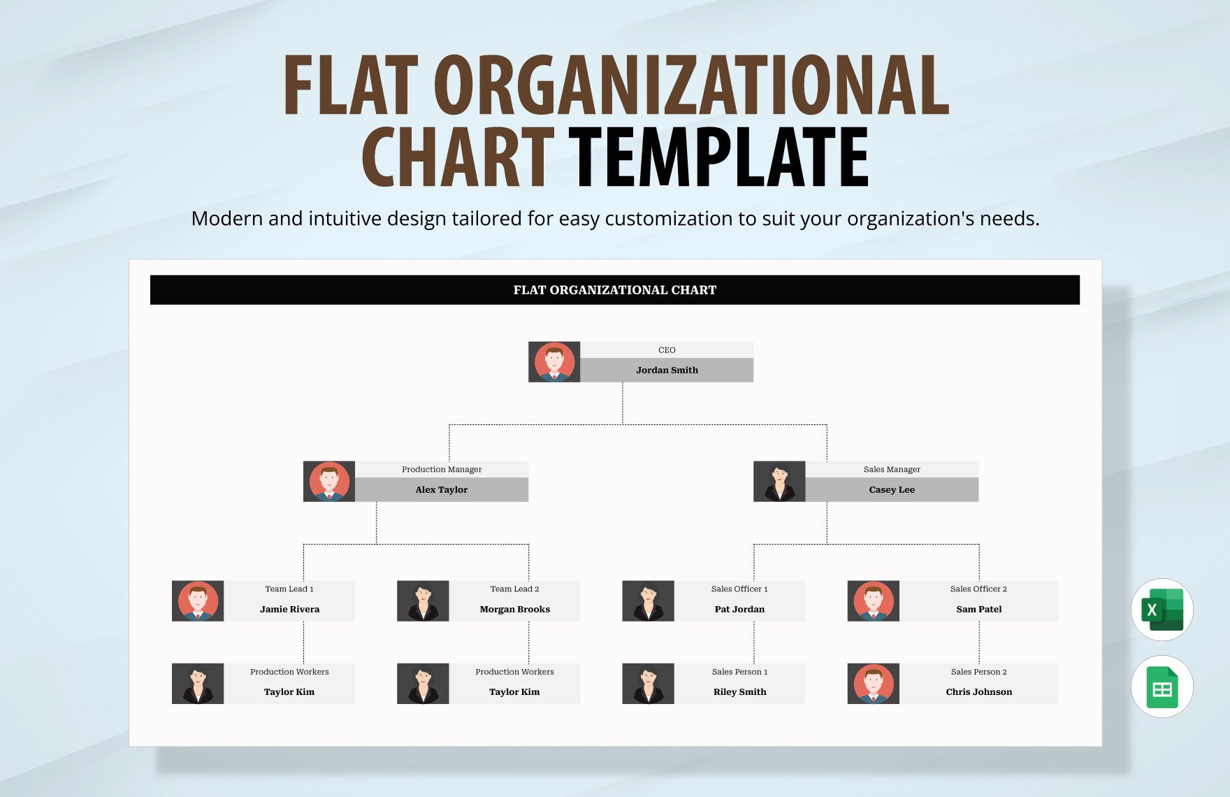 Flat Organizational Chart Template in Excel, Google Sheets