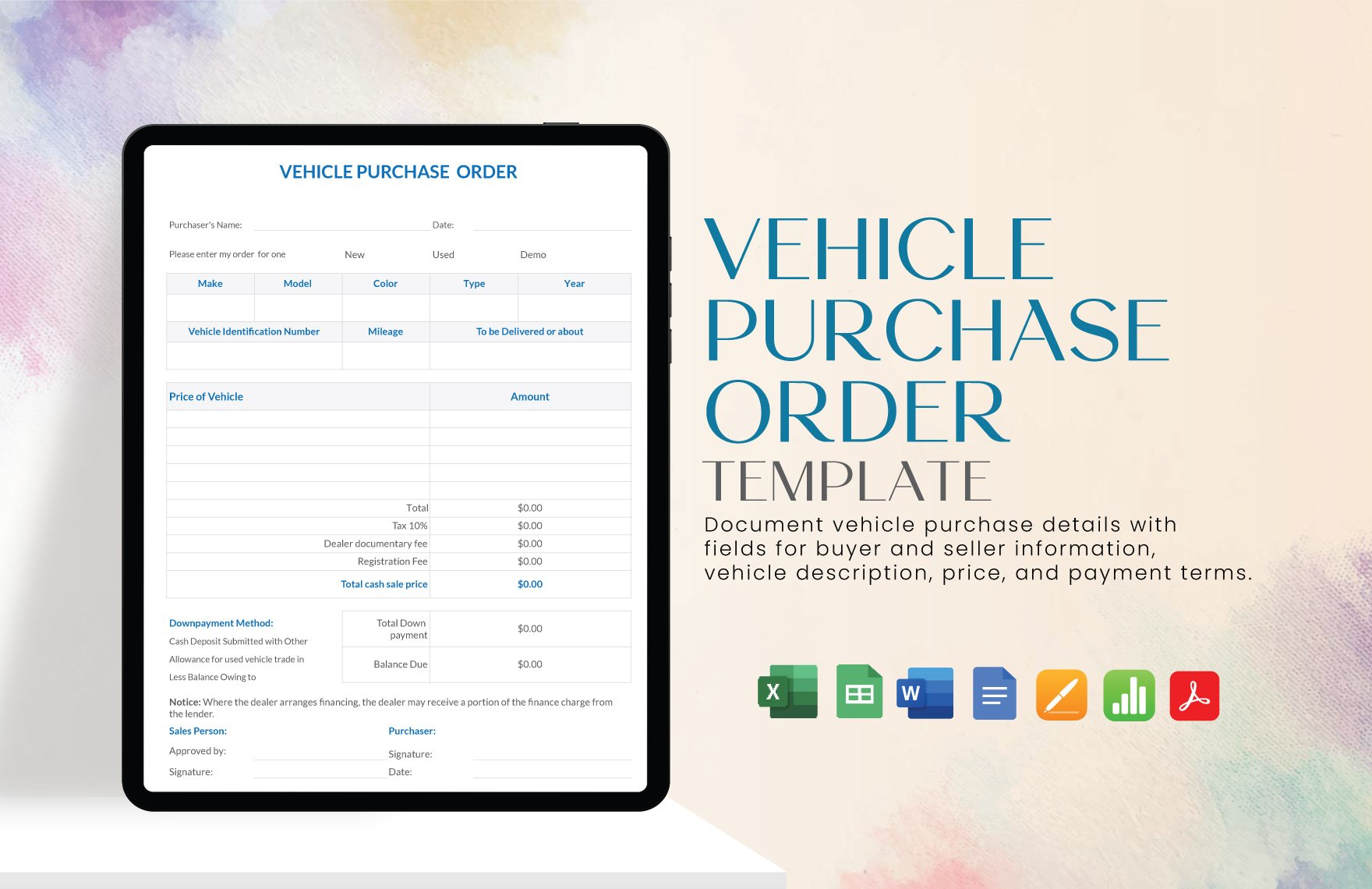 Vehicle Purchase Order Template in Word, Google Docs, Excel, PDF, Google Sheets, Apple Pages, Apple Numbers