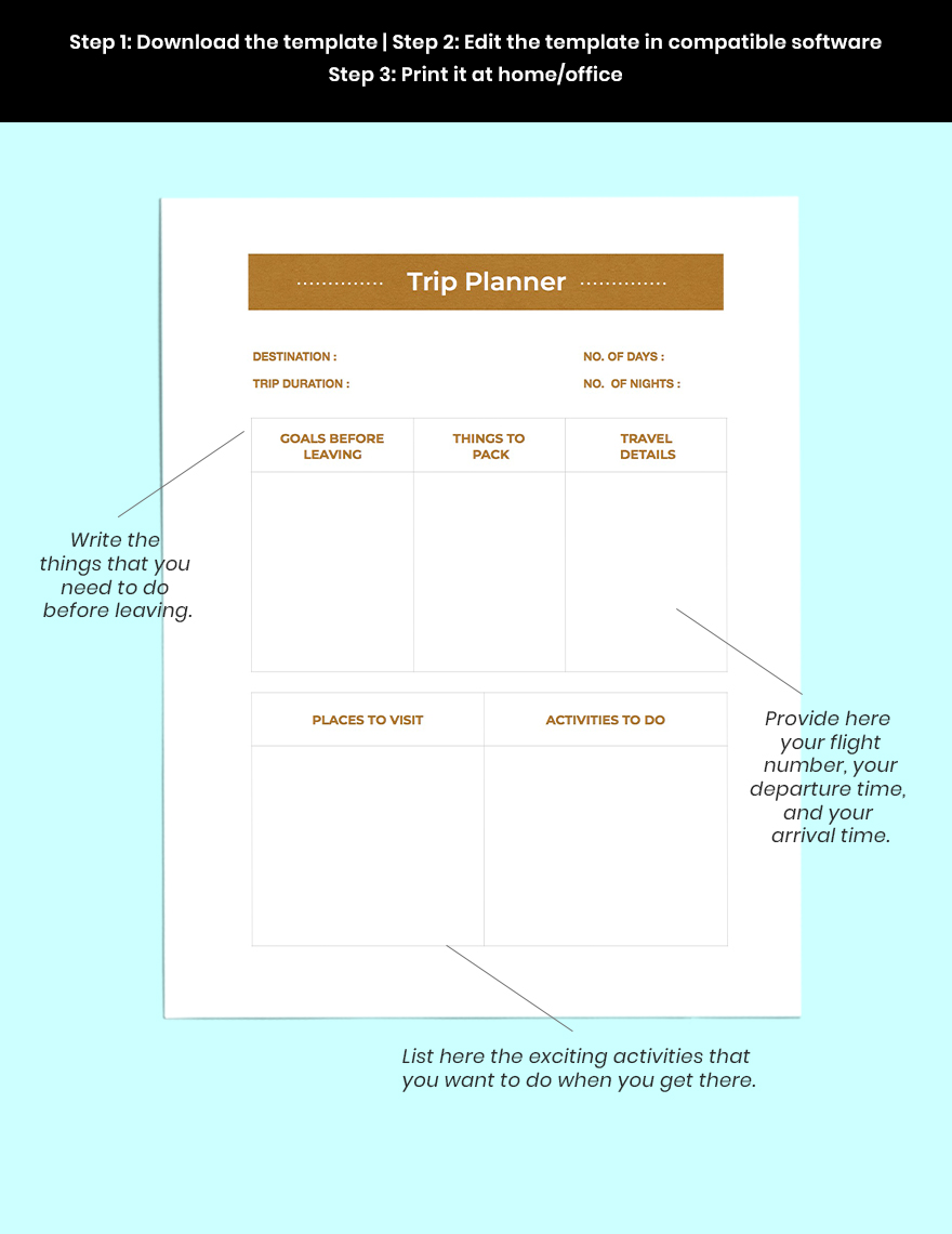 Trip Planner Template Word, Apple Pages, PDF