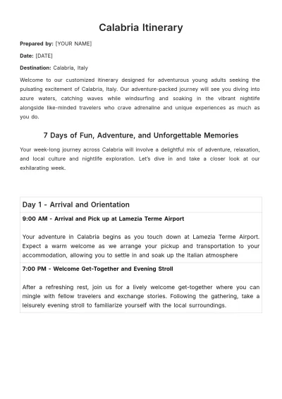 Free Calabria Itinerary Template to Edit Online