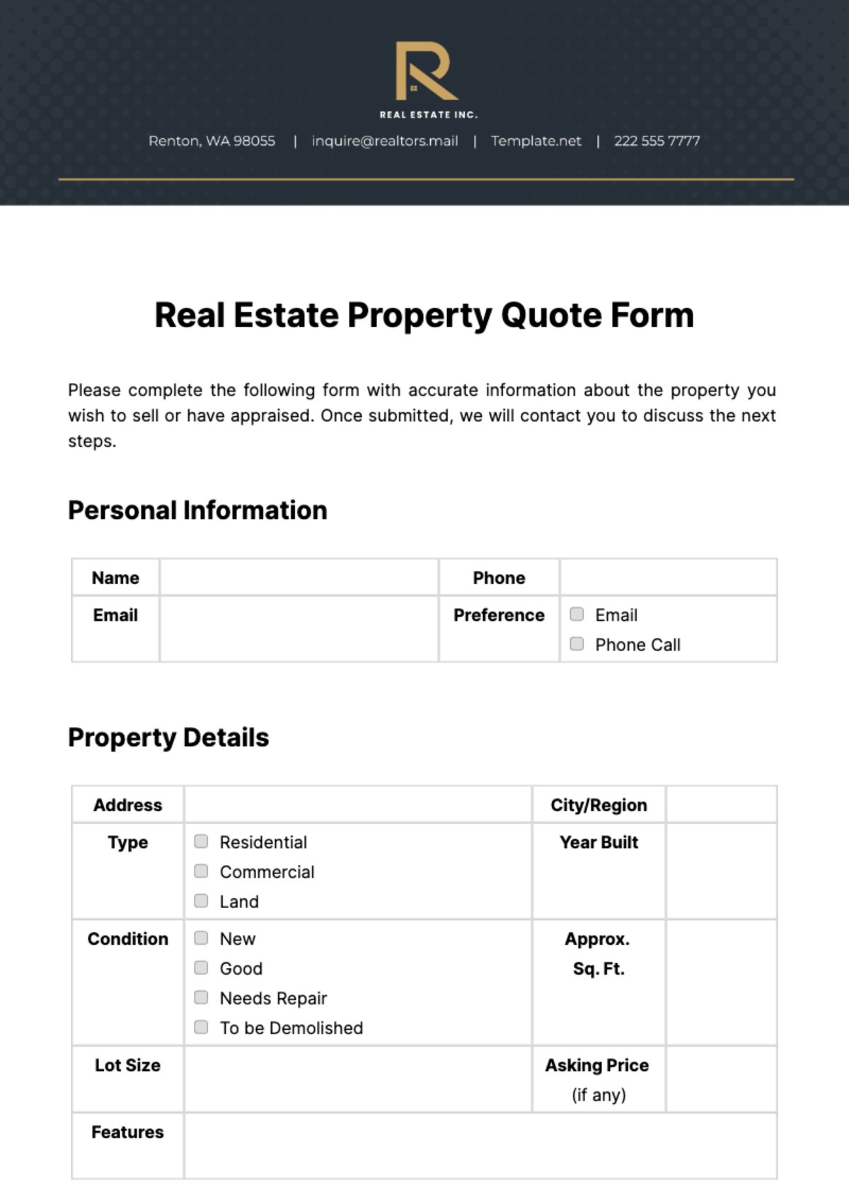 Free Real Estate Property Quote Form Template