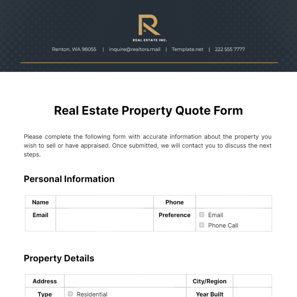 Real Estate Property Quote Form Template