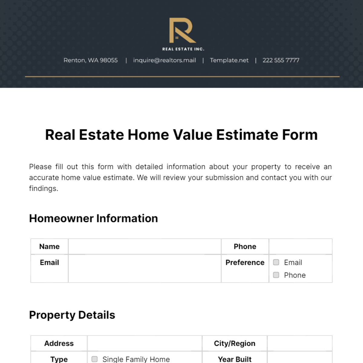 Free Real Estate Home Value Estimate Form Template