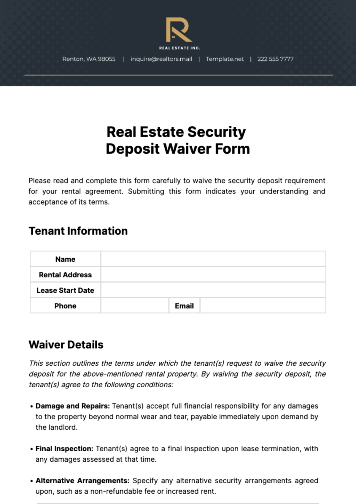 Real Estate Security Deposit Waiver Form Template