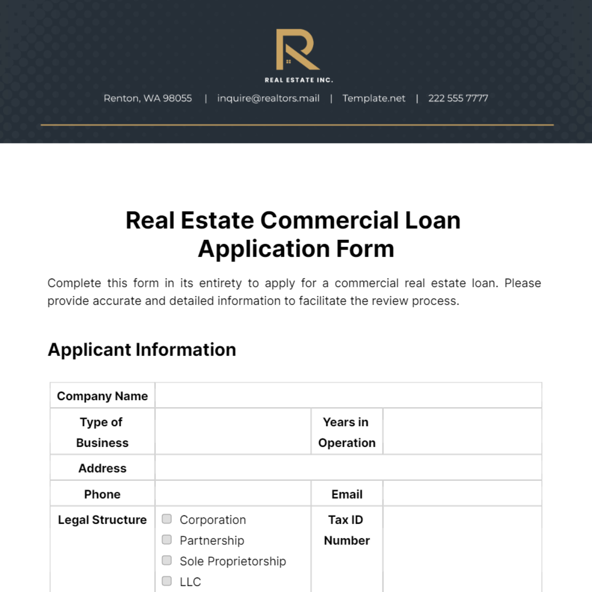 Real Estate Commercial Loan Application Form Template