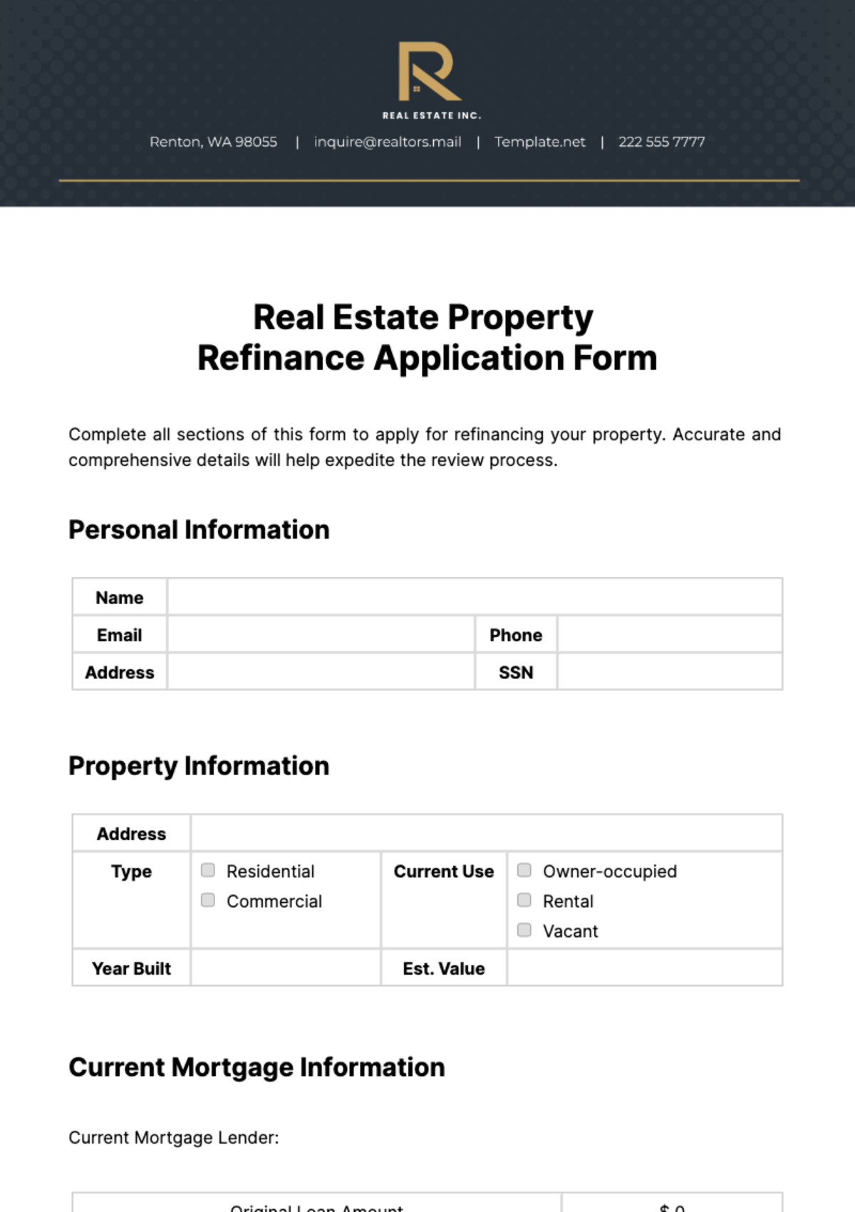 Free Real Estate Property Refinance Application Form Template