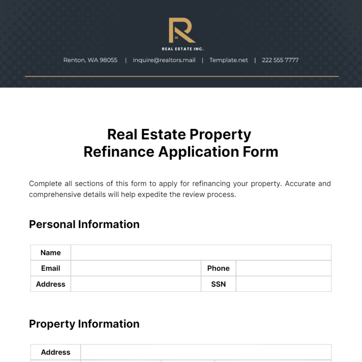 Real Estate Property Refinance Application Form Template