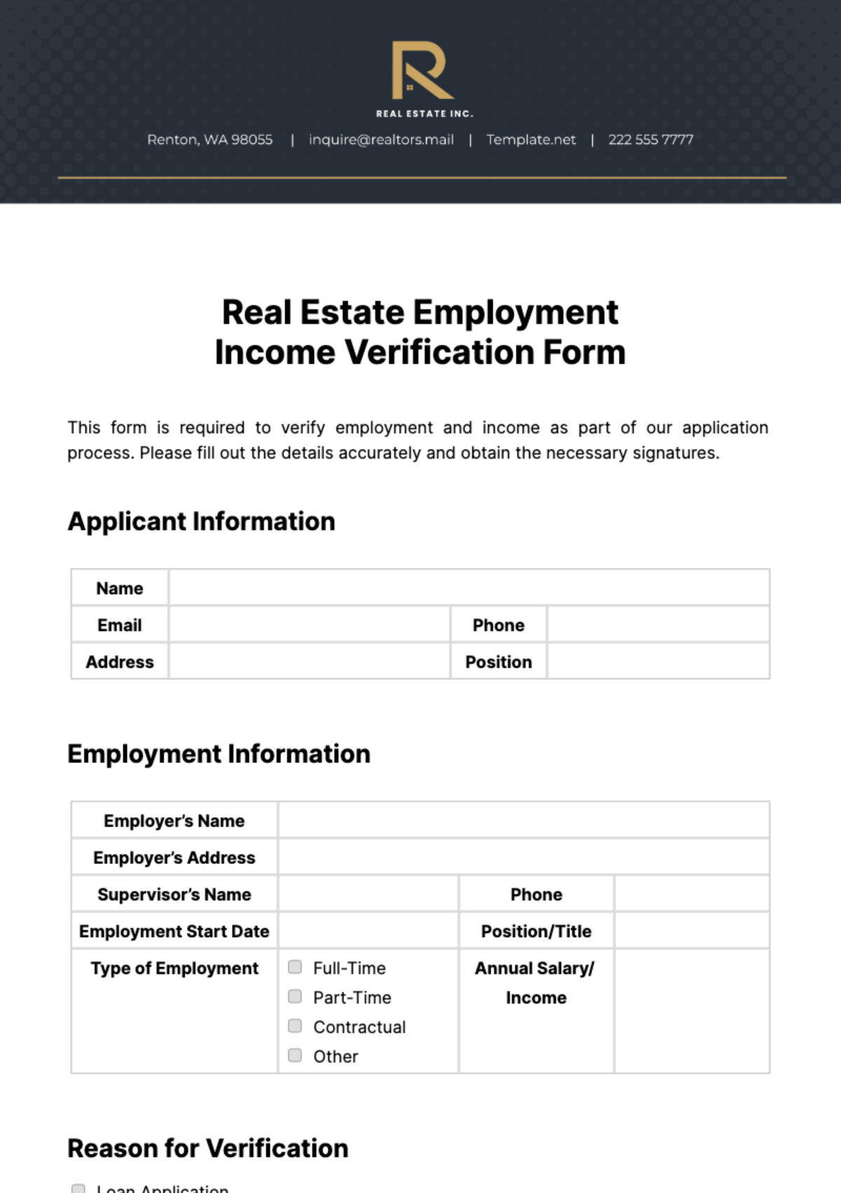 Real Estate Employment Income Verification Form Template