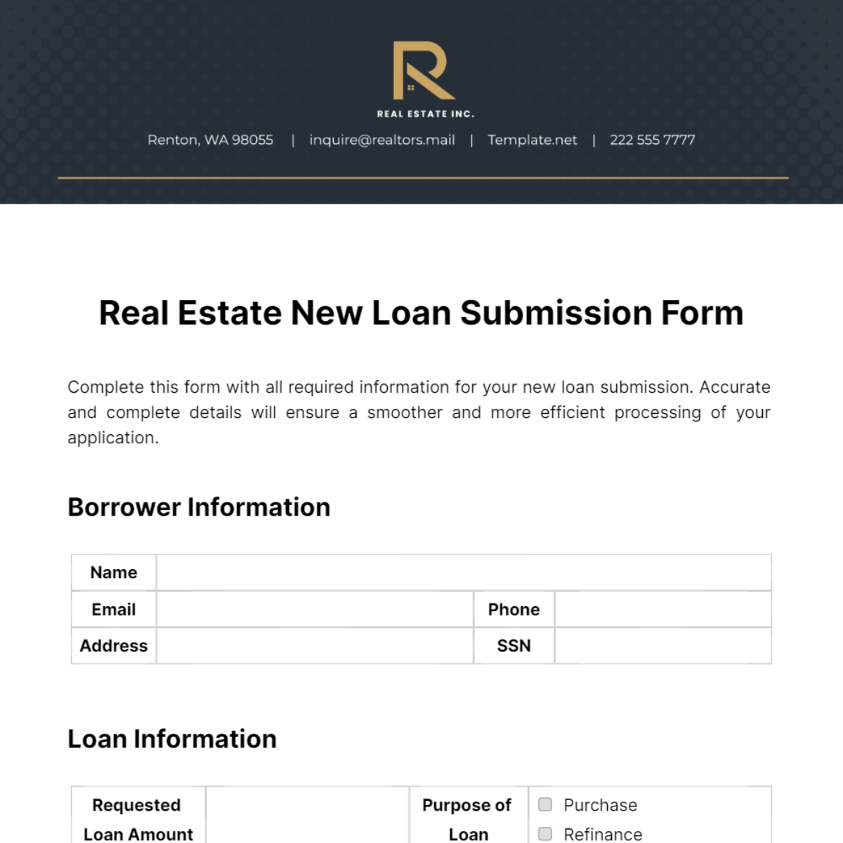 Real Estate New Loan Submission Form Template