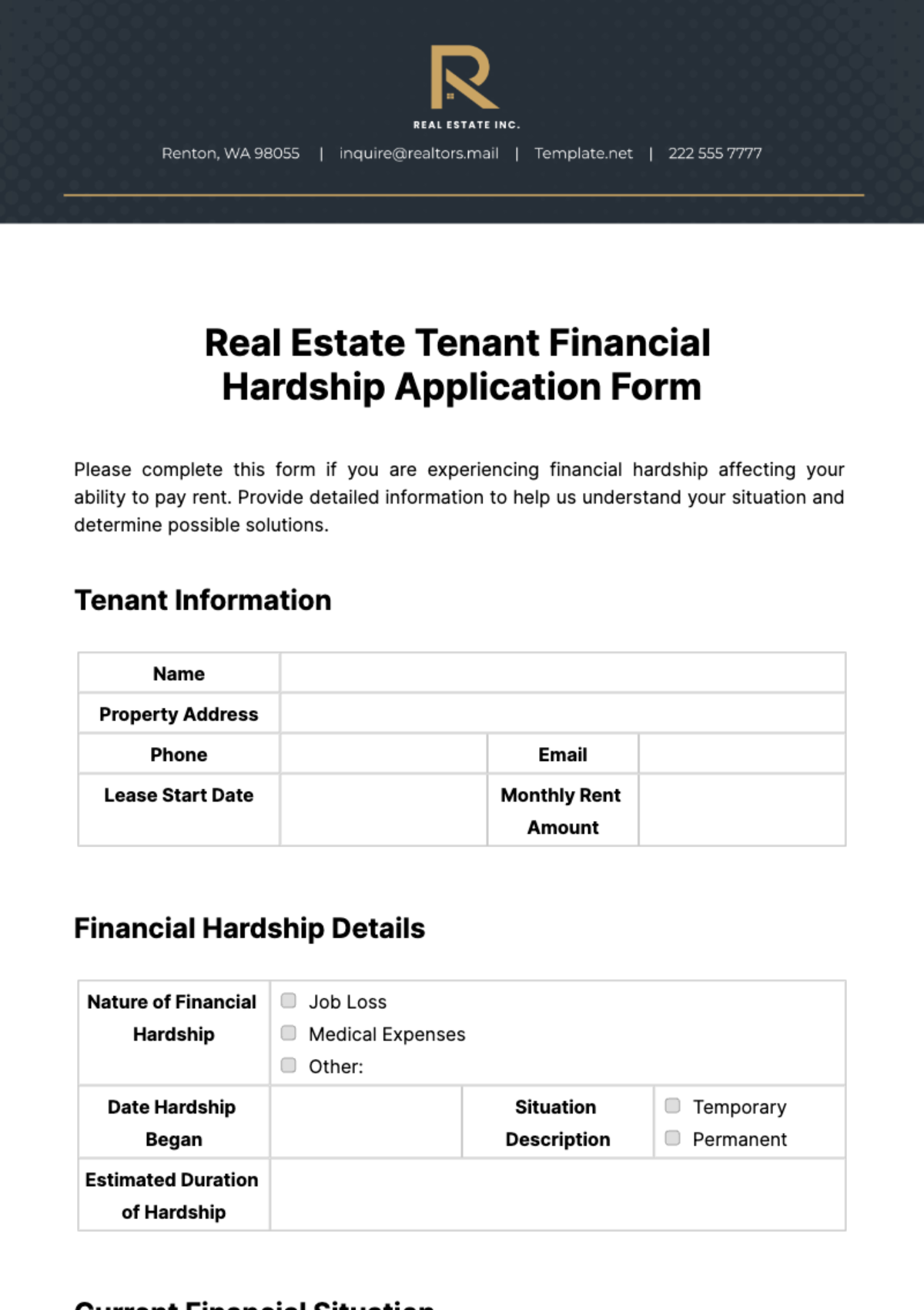 Free Real Estate Tenant Financial Hardship Application Form Template