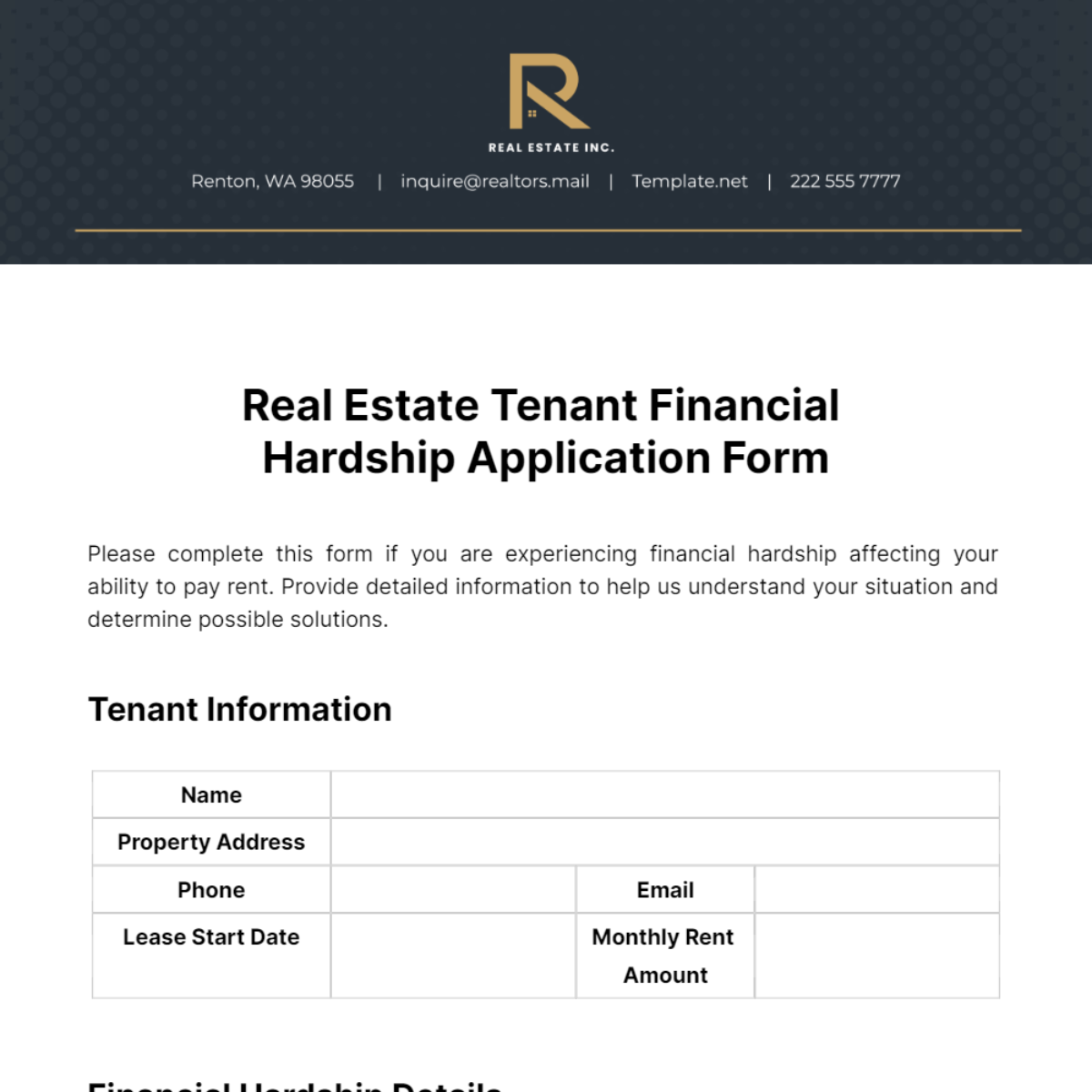 Real Estate Tenant Financial Hardship Application Form Template
