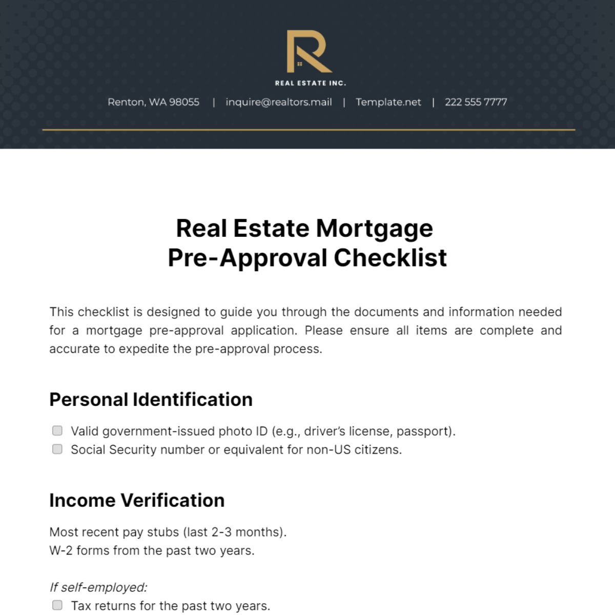 Real Estate Mortgage Pre-Approval Checklist Template