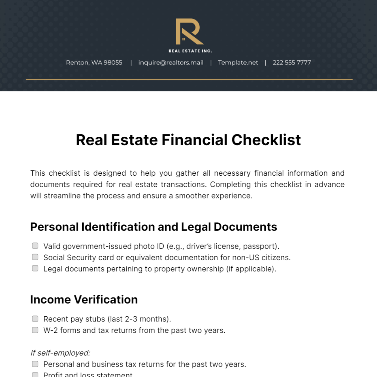 Real Estate Financial Checklist Template