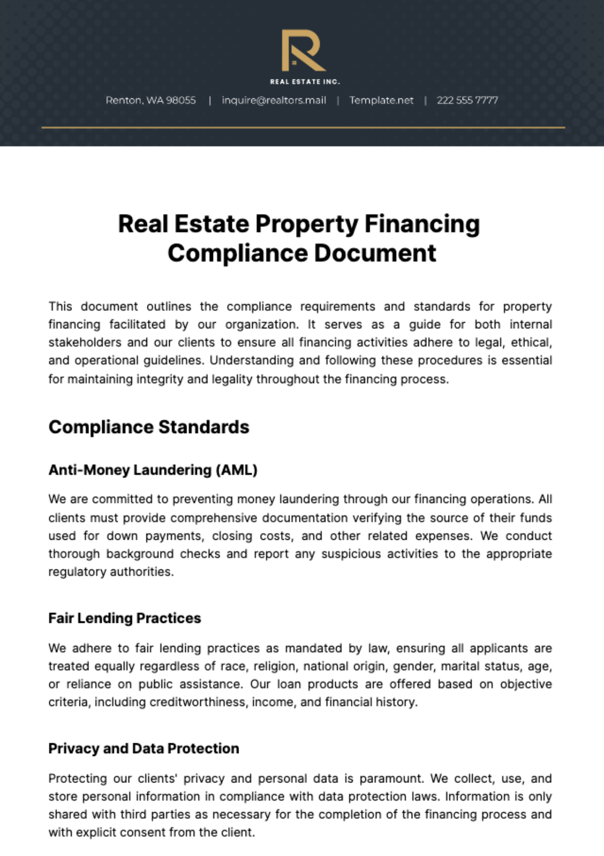 Free Real Estate Property Financing Compliance Document Template