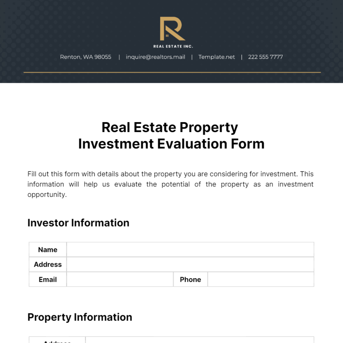 Free Real Estate Property Investment Evaluation Form Template