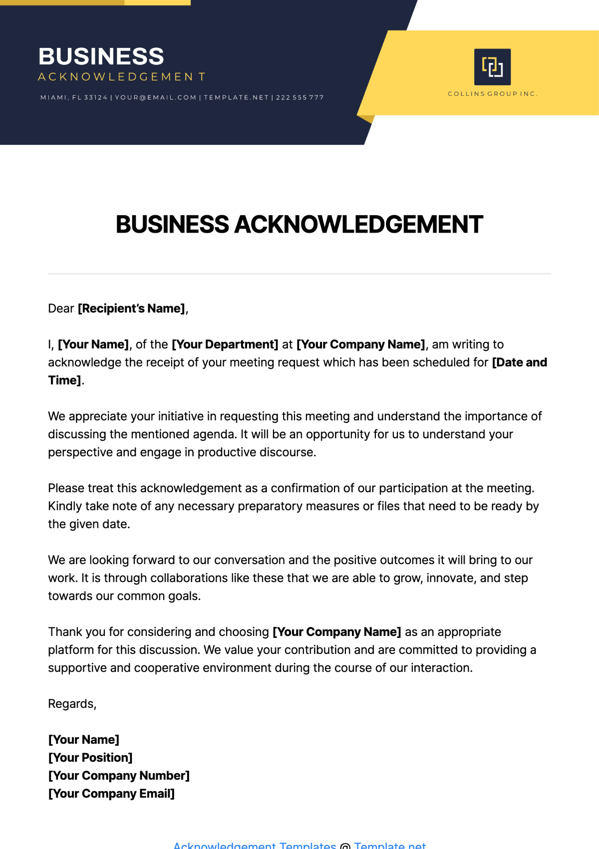 Business Acknowledgement Template
