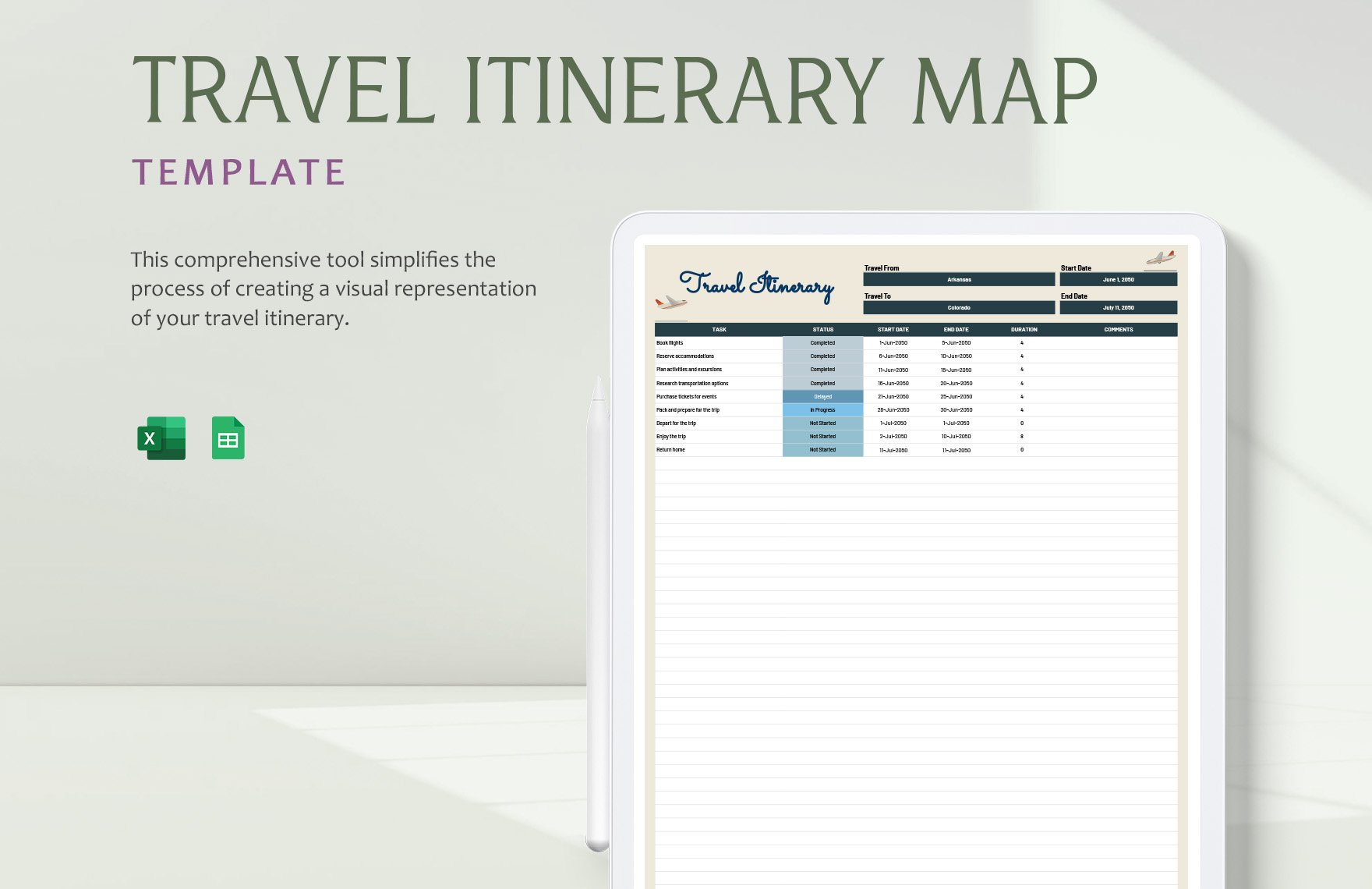 Travel Itinerary Map Template in Excel, Google Sheets