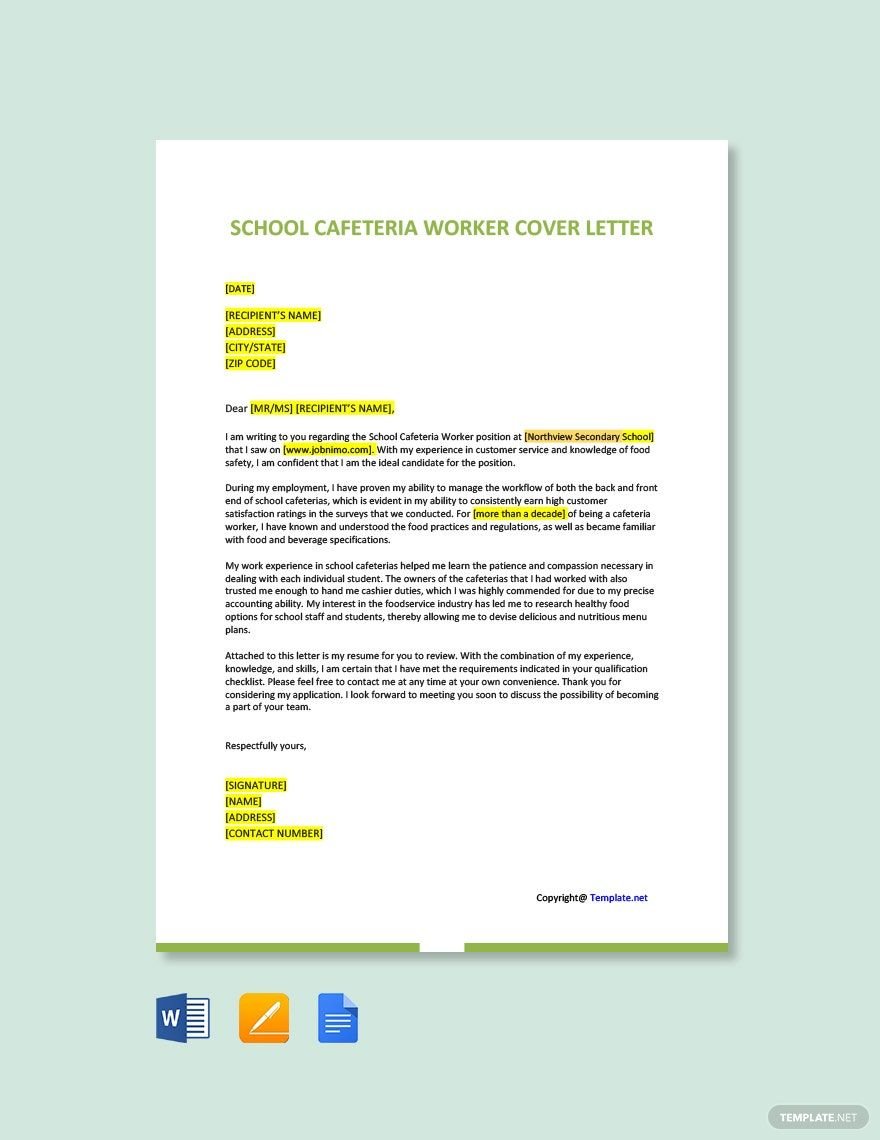 School Cafeteria Worker Cover Letter Template