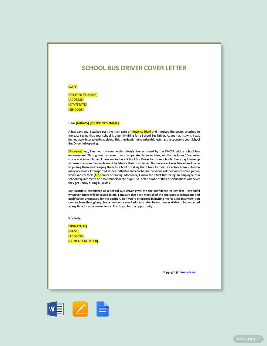 School Bus Driver Cover Letter in Word, Google Docs, Pages, PDF - Download | Template.net